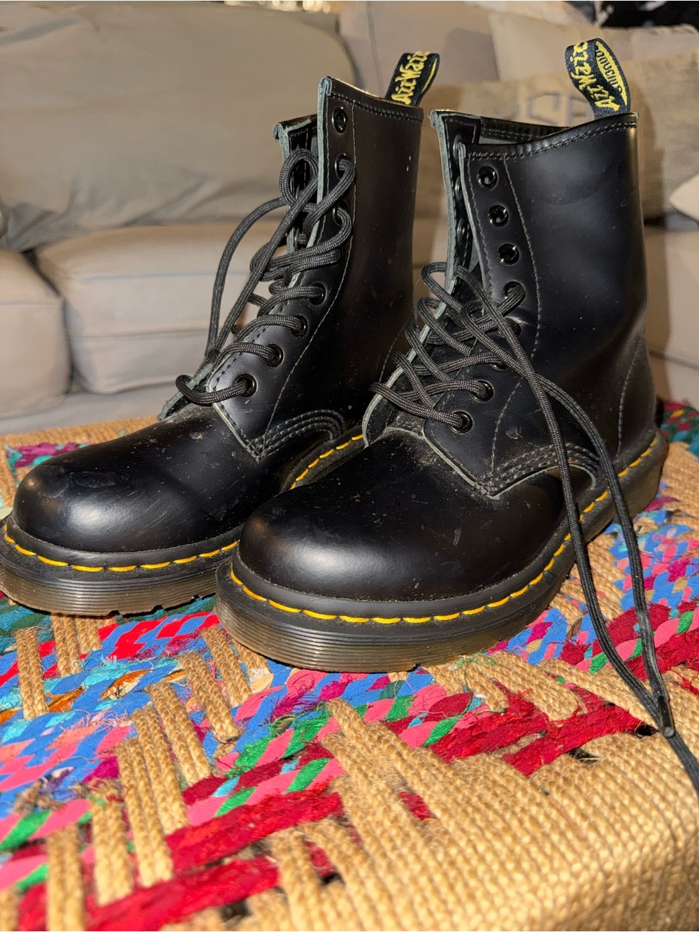 Dr. Martens Black Leather 8-Eye Lace-Up Boots with Yellow Stitching